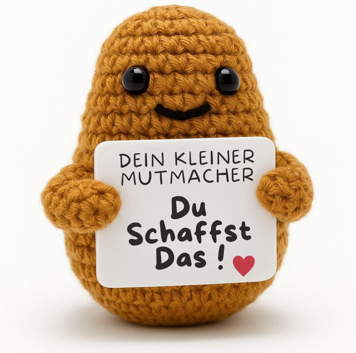 Positiver Mutmacher – gehäkelte Kartoffel mit der Karte „Du schaffst das!“