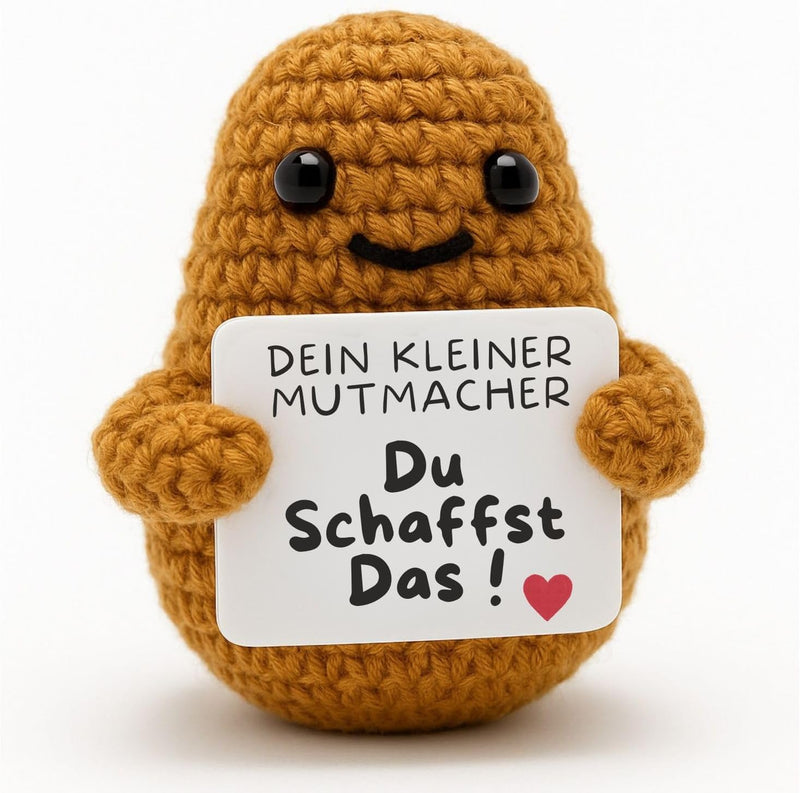 Positiver Mutmacher – gehäkelte Kartoffel mit der Karte „Du schaffst das!“