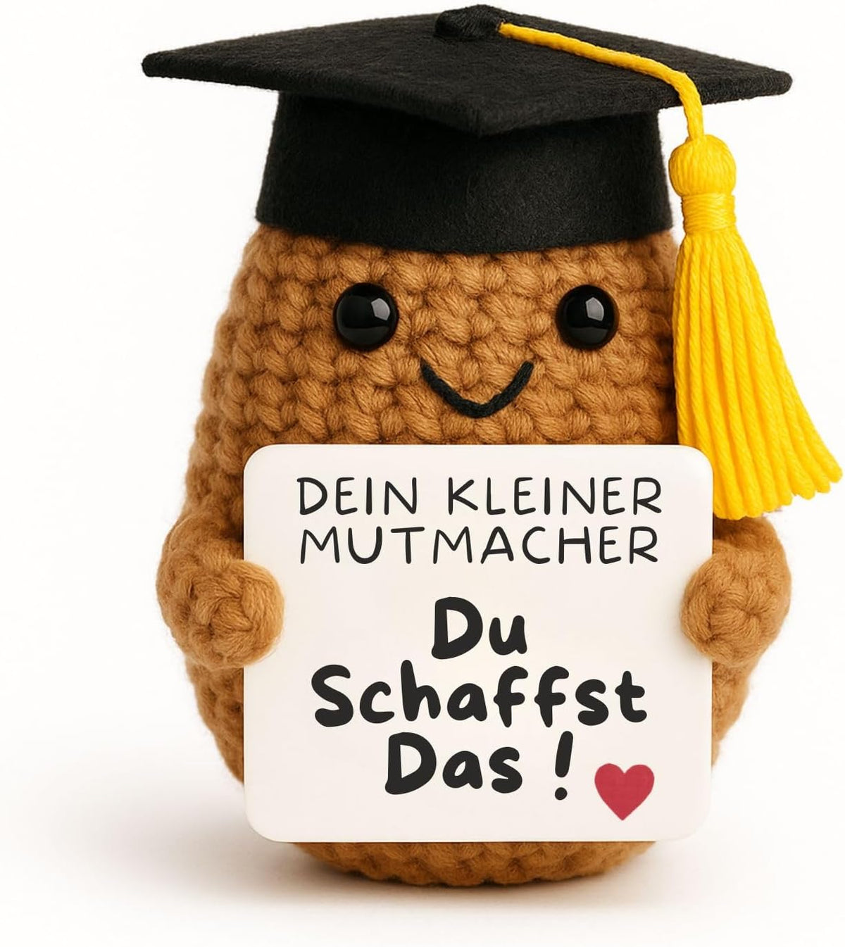 Studentenkartoffel – gehäkelte Kartoffel mit Doktorhut und der Karte „Du schaffst das!“